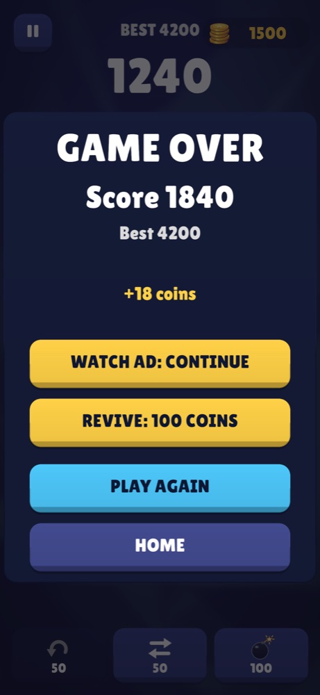 Game over screen with continue options